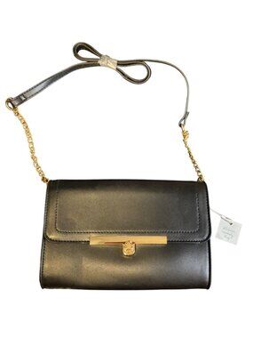 Crossbody Black Faux Leather Handbag Gold-Tone Hardware Detachable Chain NEW